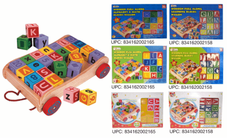 Wooden Pull-Along Alphabet & Math Blocks Wagons, Wooden Pull-Along Learning Blocks Wagons, 10-in-1 Activity Learning Carts, and Flip-Flop Alphabet Blocks - Image 1