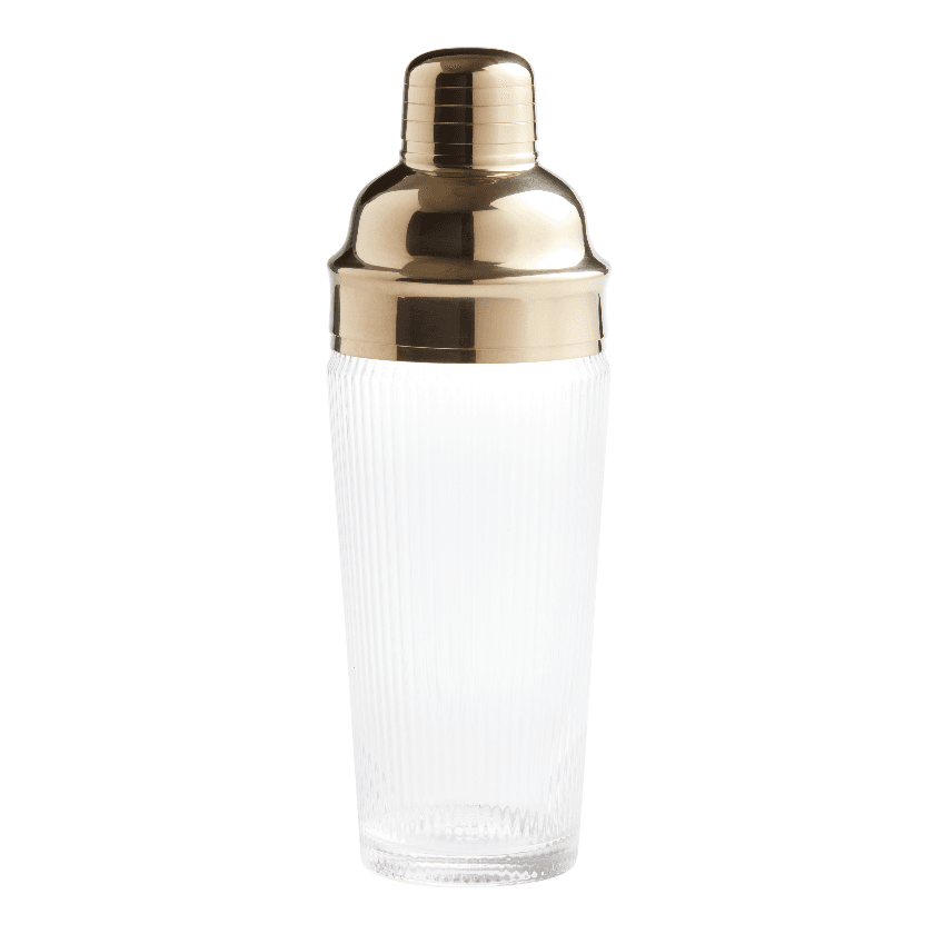 Gold Metal and Ribbed Glass Cocktail Shakers - Image 1