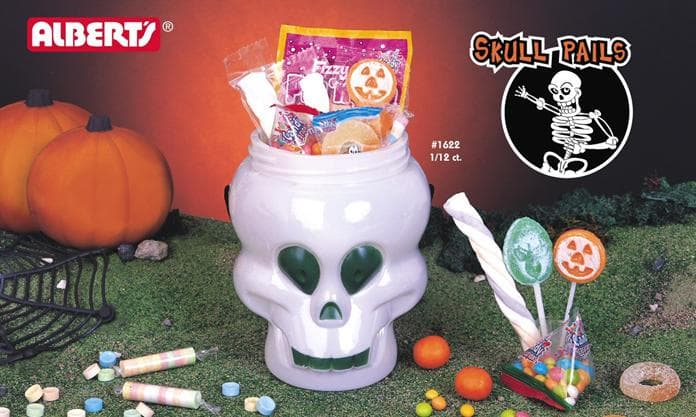 Skull Pails Filled With Halloween Candy Mix - Image 1
